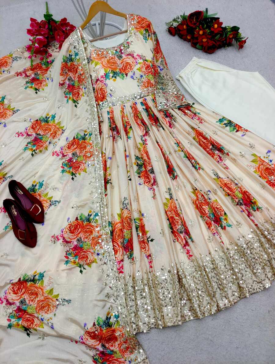 DESIGNER SATIN SILK DIGITAL PRINT WITH HEAVY EMBROIDERY SEQUENCE WORK GOWN BOTTOM WITH DUPATTA FESTIVE WEAR WHOLESALE PRICE ETHNIC GARMENT(7)