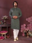 DESIGNER SILK EMBROIDERY MIRROR WORK MEN'S KURTA PAYJAMA GREEN