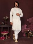 DESIGNER SILK EMBROIDERY MIRROR WORK MEN'S KURTA PAYJAMA WHITE
