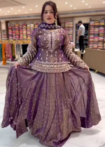 DESIGNER SIMMER SILK EMBROIDERY WITH SEQUENCE ZARI WITH MOTI WORK TOP LEHENGA WITH DUPATTA LAVENDER