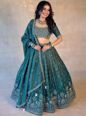 DESIGNER SIMMER SILK THREAD WITH SEQUENCE WORK LEHENGA CHOLI WITH DUPATTA GREEN