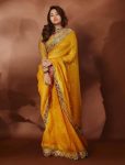 DESIGNER SOFT GEORGETTE EMBRODERY SEQUANCE WITH  CODING WORK FANCY LACE BORDER SAREE WITH STITCHED BLOUSE YELLOW