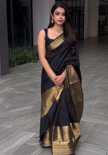 DESIGNER SOFT LICHI SILK JACQUARD WORK SAREE WITH UNSTITCHED BLOUSE BLACK