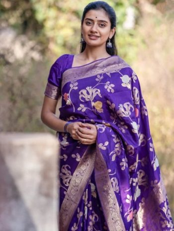 DESIGNER SOFT LICHI SILK JACQUARD WORK   SAREE WITH UNSTITCHED BLOUSE PURPLE