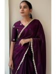 DESIGNER SPACE SILK GOLDEN SEQUENCE  WORK LACE BORDER WORK SAREE WITH UNSTITCHED BLOUSE PURPLE
