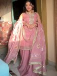 DESIGNER TABBY ORGANZA EMBROIDERY SEQUENCE WORK WITH MIRROR WORK TOP PALAZZO WITH DUPATTA BABY PINK