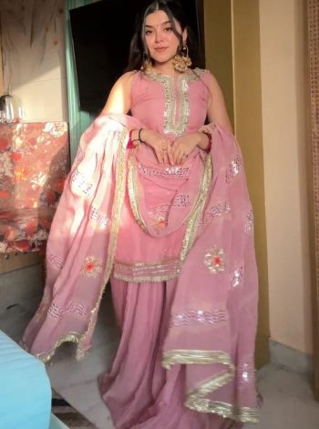 DESIGNER TABBY ORGANZA EMBROIDERY SEQUENCE WORK WITH MIRROR WORK TOP PALAZZO WITH DUPATTA BABY PINK