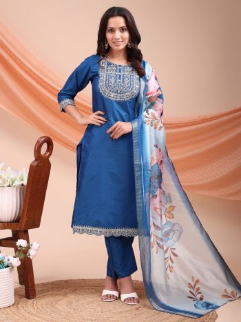 DESIGNER TAFFETA SILK EMBROIDERY JARI WORK TOP BOTTOM WITH DUPATTA BLUE