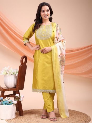DESIGNER TAFFETA SILK EMBROIDERY JARI WORK TOP BOTTOM WITH DUPATTA LEMON
