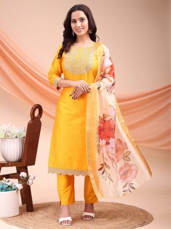 DESIGNER TAFFETA SILK EMBROIDERY JARI WORK TOP BOTTOM WITH DUPATTA YELLOW