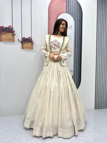 DESIGNER TISSUE SIMMER REAL HANDWORK AND REAL DIAMOND WORK LEHENGA CHOLI WITH KOTI OFF WHITE