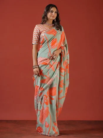 DESIGNER VICHITRA SILK FLORAL DIGITAL PRINT WITH SEQUENCE EMBROIDERY WORK SAREE WITH UNSTITCHED BLOUSE