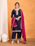 DESIGNER VICHITRA SILK SEQUENCE CODING EMBROIDERY WORK TOP BOTTOM WITH DUPATTA NAVY BLUE