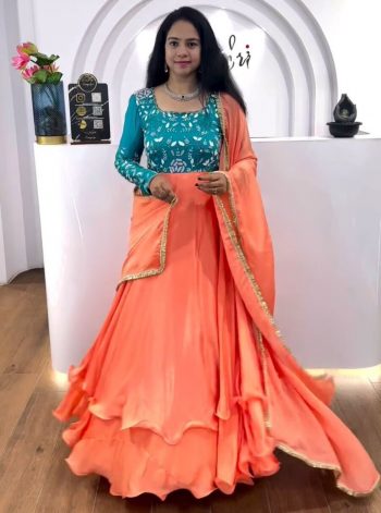 DESINGER CHINON EMBROIDERY THREAD WORK GOWN WITH DUPATTA PEACH