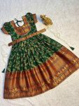 FABULOUS NARAYANPET COTTON PRINTED KALAMKARI WORK KID'S GOWN WITH WAIST BELT GREEN
