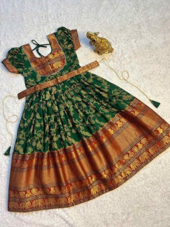 FABULOUS NARAYANPET COTTON PRINTED KALAMKARI WORK KID'S GOWN WITH WAIST BELT GREEN