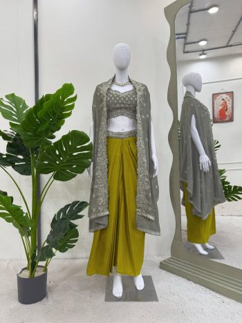 FANCY AMERICAN CREPE THREAD WITH SEQUENCE WORK CHOLI DRAPED SKIRT WITH SHRUG PARROT GREEN