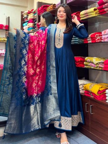 FANCY BANANA SILK GOLDEN ZARI WORK ANARKALI GOWN WITH DUPATTA NAVY BLUE