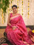 FANCY BANARASI SOFT SILK ZARI WEAVING WORK SAREE WITH UNSTITCHED BLOUSE PINK