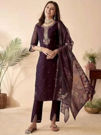 FANCY CHANDERI EMBROIDERY WORK TOP BOTTOM WITH DUPATTA PURPLE