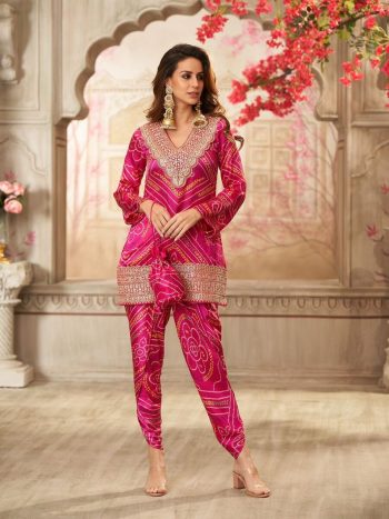 FANCY CHINON EMBROIDERY WITH DIGITAL PRINT WORK TOP WITH DHOTI STYLE BOTTOM  PINK