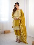 FANCY CHINON SEQUENCE EMBROIDERY WORK TOP BOTTOM WITH DUPATTA  YELLOW