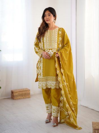 FANCY CHINON SEQUENCE EMBROIDERY WORK TOP BOTTOM WITH DUPATTA  YELLOW