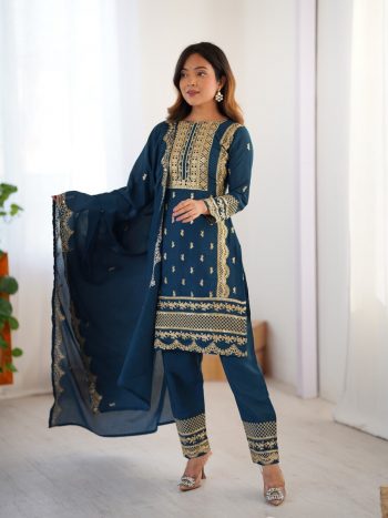 FANCY CHINON SEQUENCE EMBROIDERY WORK TOP BOTTOM WITH DUPATTA TEAL