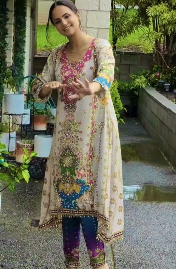 FANCY CHINON SILK DIGITAL PRINT WITH REAL MIRROR HAND WORK WITH LSCE BORDER WORK TOP BOTTOM WITH DUPATTA  OFF WHITE