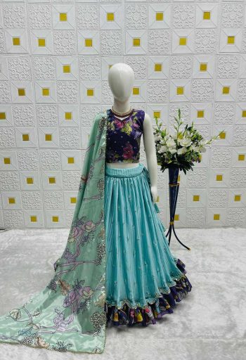 FANCY CHINON SILK EMBROIDERY SEQUENCE WITH SOFT PRINTED WORK KID'S LEHENGA CHOLI WITH DUPATTA SKY