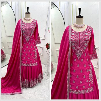 FANCY CHINON SILK EMBROIDERY SEQUENCE WORK TOP LEHENGA WITH DUPATTA PINK