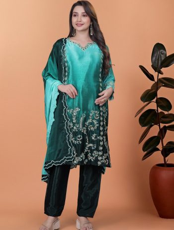 FANCY CHINON SILK EMBROIDERY THREAD AND SEQUENCE WORK TOP BOTTOM WITH DUPATTA MULTI
