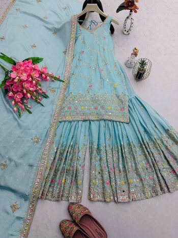 FANCY CHINON SILK EMBROIDERY THREAD SEQUENCE AND REAL MIRROR WORK TOP SHARARA WITH DUPATTA  SKY