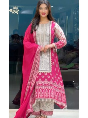FANCY CHINON SILK FANCY DIGITAL PRINT WITH REAL MIRROR HAND WORK WITH HANGING LATKAN LACE BORDER WORK TOP PALAZZO WITH DUPATTA RANI