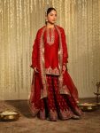 FANCY CHINON SILK THREAD AND SEQUENCE WORK TOP LEHENGA WITH DUPATTA RED