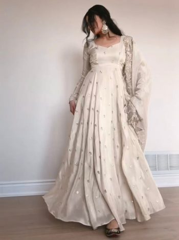 FANCY CHINON THREAD AND SEQUENCE WORK GOWN BOTTOM WITH DUPATTA WHITE