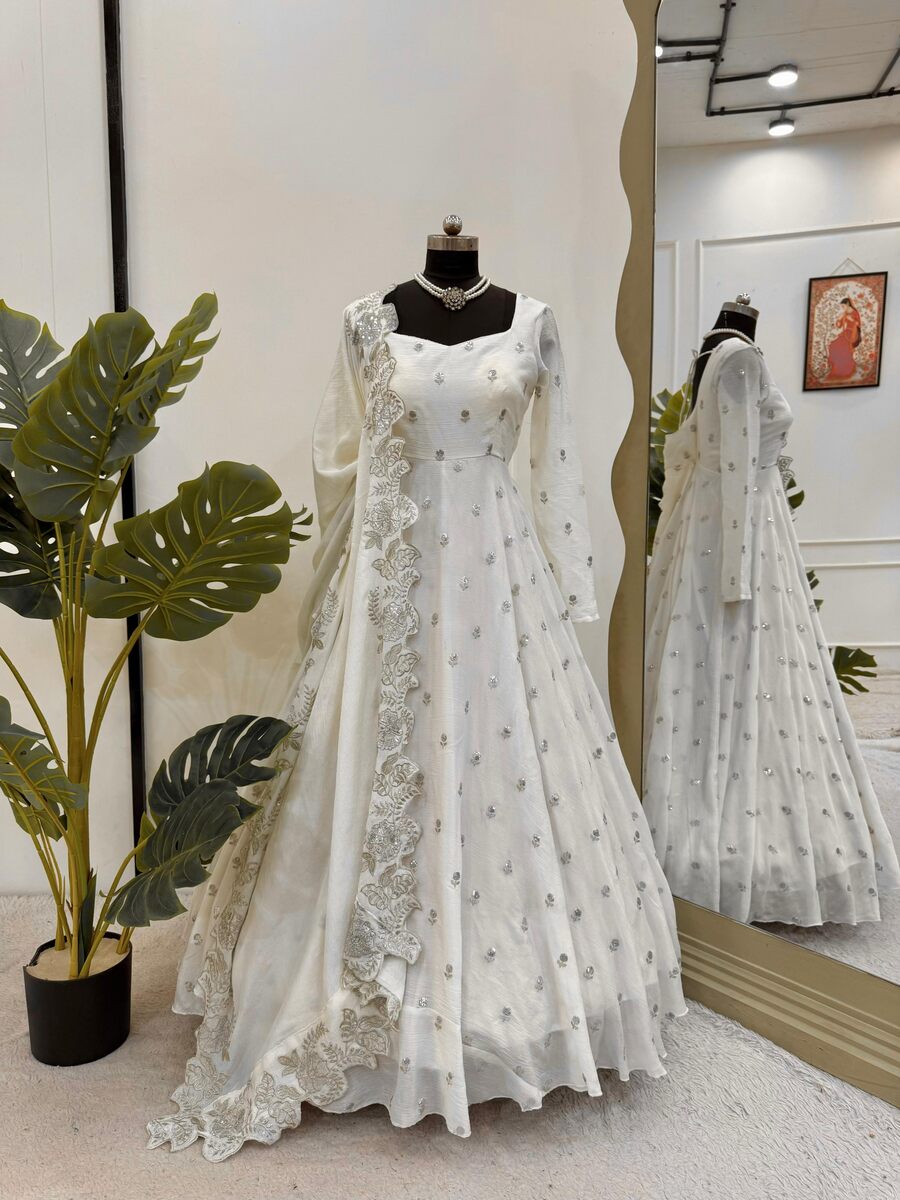 FANCY CHINON THREAD AND SEQUENCE WORK GOWN BOTTOM WITH DUPATTA FESTIVE WEAR WHOLESALE PRICE ETHNIC GARMENT (3)