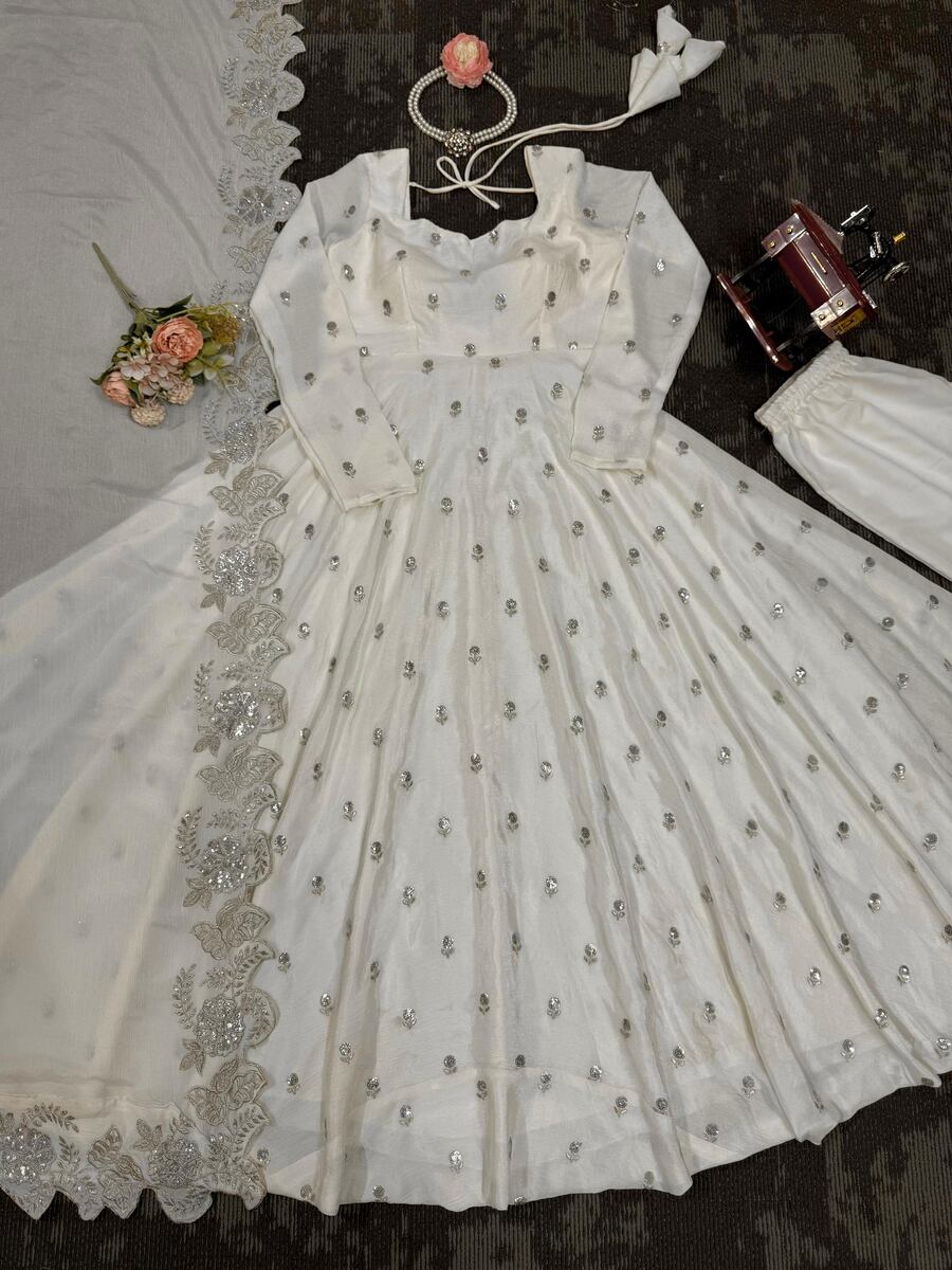 FANCY CHINON THREAD AND SEQUENCE WORK GOWN BOTTOM WITH DUPATTA FESTIVE WEAR WHOLESALE PRICE ETHNIC GARMENT (4)