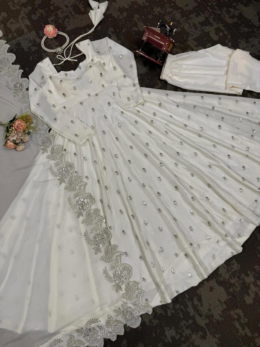 FANCY CHINON THREAD AND SEQUENCE WORK GOWN BOTTOM WITH DUPATTA FESTIVE WEAR WHOLESALE PRICE ETHNIC GARMENT (6)