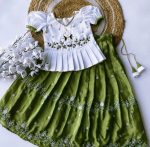 FANCY CHINON ZARI WITH FLOWERS DESIGN BORDER WITH MATCHING TASSELS KID'S TOP WITH LEHENGA GREEN
