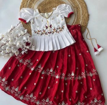 FANCY CHINON ZARI WITH FLOWERS DESIGN BORDER WITH MATCHING TASSELS KID'S TOP WITH LEHENGA RED