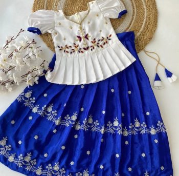FANCY CHINON ZARI WITH FLOWERS DESIGN BORDER WITH MATCHING TASSELS KID'S TOP WITH LEHENGA BLUE