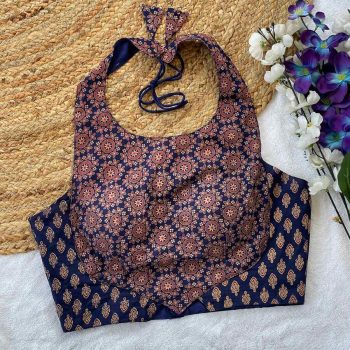 FANCY COTTON AJRAKH PRINTED STITCHED BLOUSE NAVY BLUE