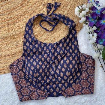 FANCY COTTON AJRAKH PRINTED STITCHED BLOUSE NAVY BLUE