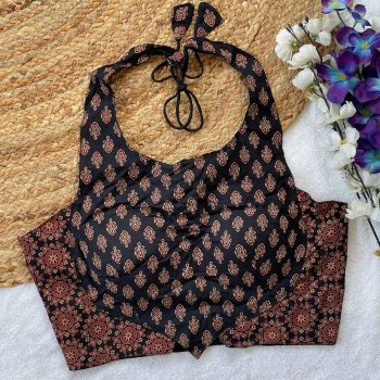 FANCY COTTON AJRAKH PRINTED STITCHED BLOUSE BLACK