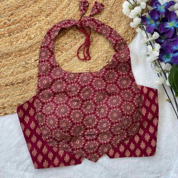 FANCY COTTON AJRAKH PRINTED STITCHED BLOUSE MAROON