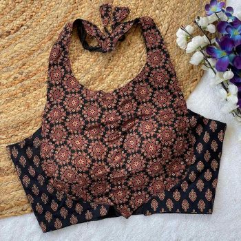 FANCY COTTON AJRAKH PRINTED STITCHED BLOUSE BLACK