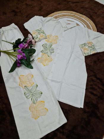 FANCY COTTON EMBROIDERY WORK CO-ORD SET WHITE