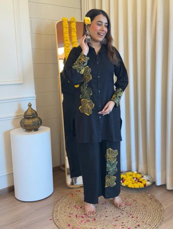 FANCY COTTON EMBROIDERY WORK CO-ORD SET BLACK