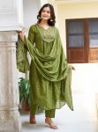 FANCY COTTON EMBROIDERY WORK TOP BOTTOM WITH DUPATTA  GREEN